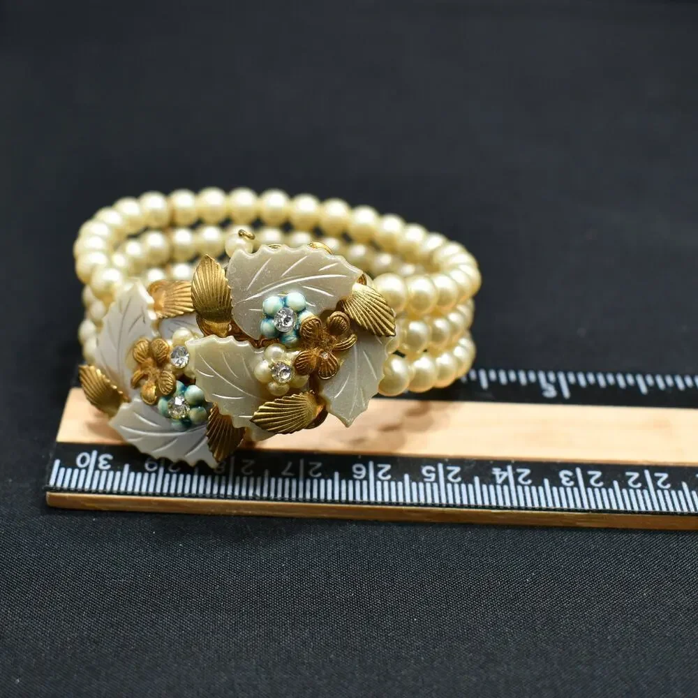 Vintage Faux Pearl Memory Wire Bracelet, Hand Carved Leaves, 1960s